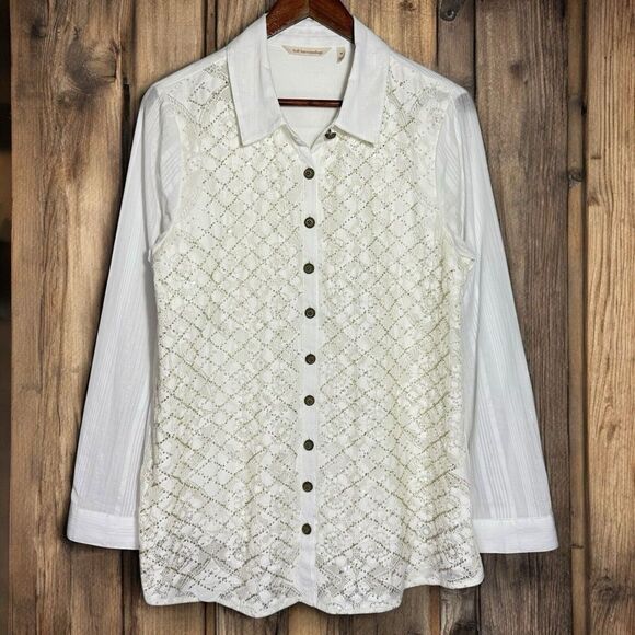 NWOT Soft Surroundings Shirt M Sequins Lace Sparkle Blouse Tunic Top Button Down - Picture 1 of 8